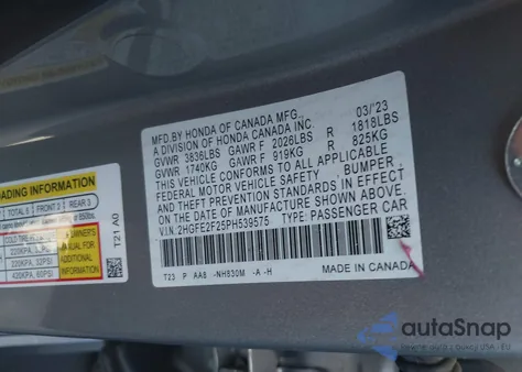 2023 Honda Civic Lx from USA, damaged, VIN 2HGFE2F25PH539575